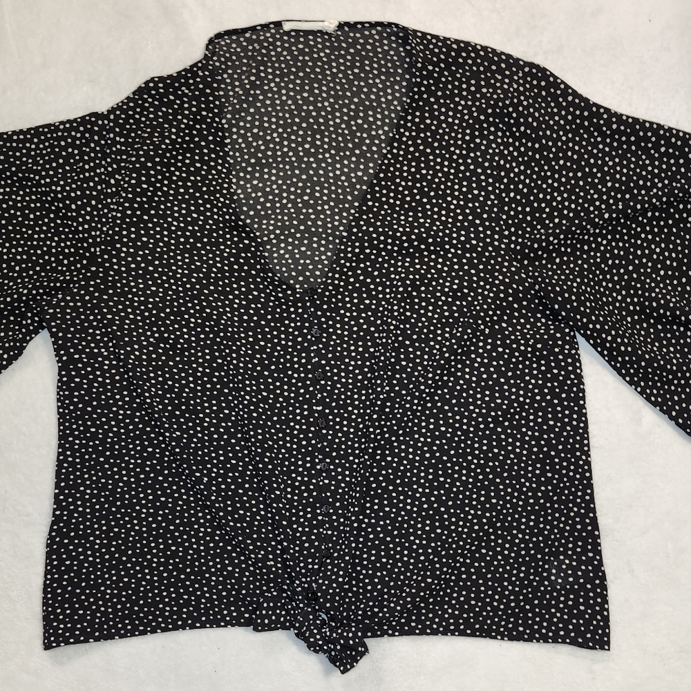 Women's Sz L Lush Black Blouse with White Polka Dots, Like New